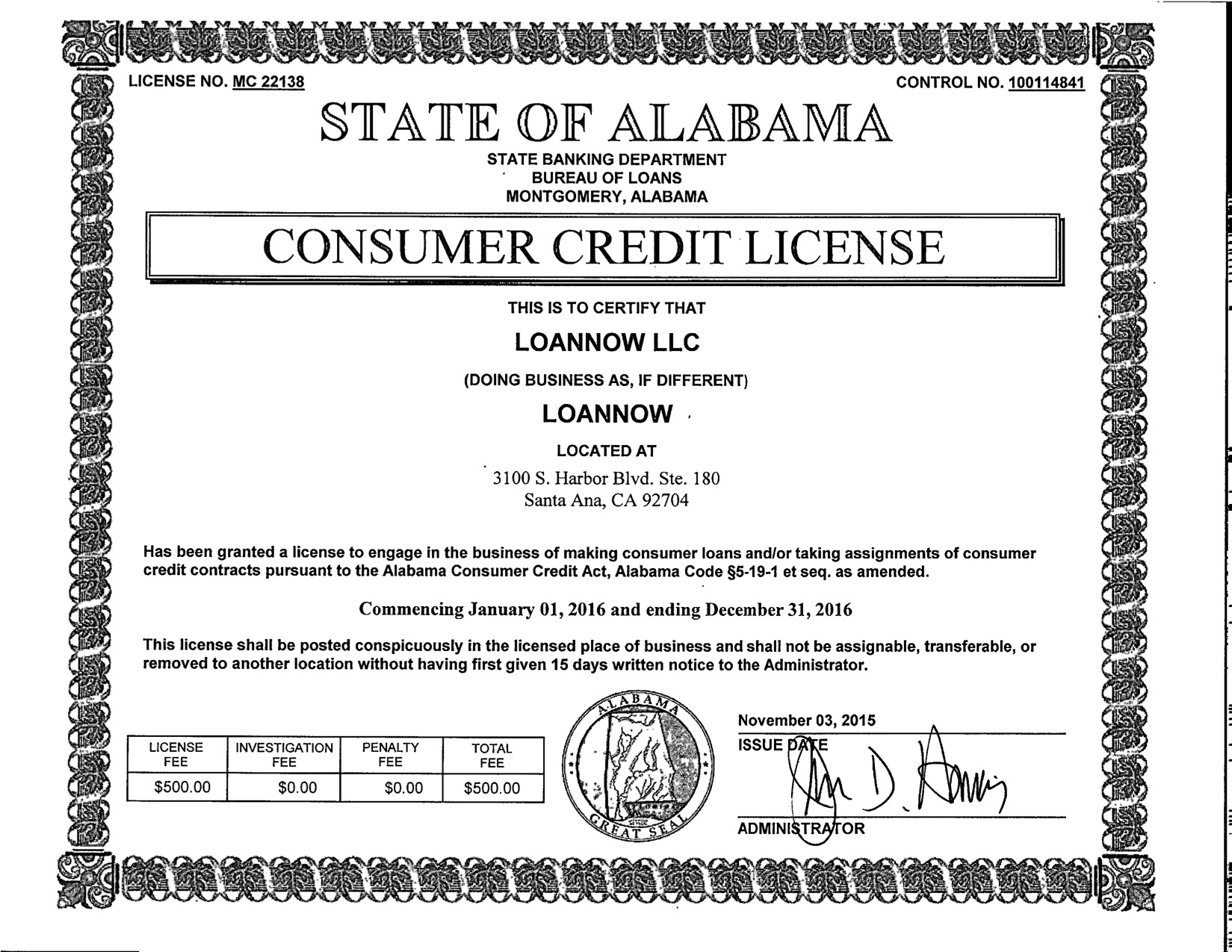 CA Address Change Certificate